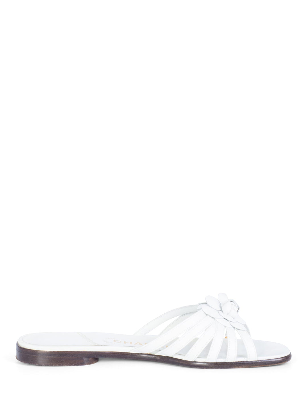 Top Quality Chanel Cameilla Leather Slip On Strap Sandals White