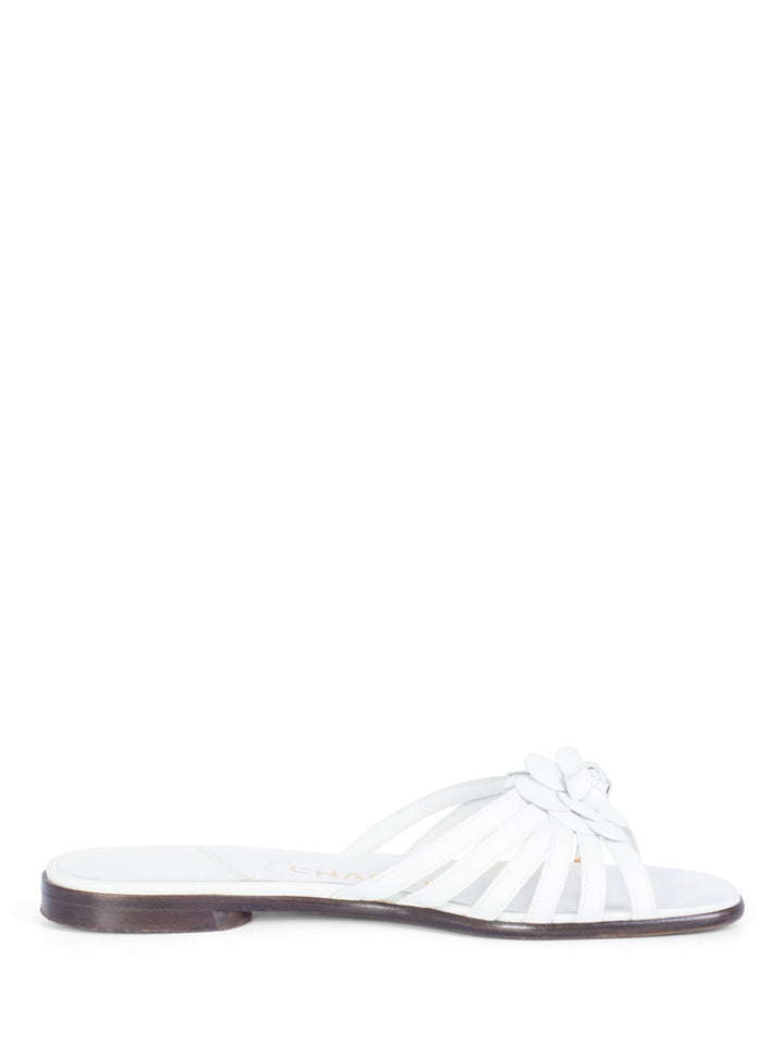 Top Quality Chanel Cameilla Leather Slip On Strap Sandals White