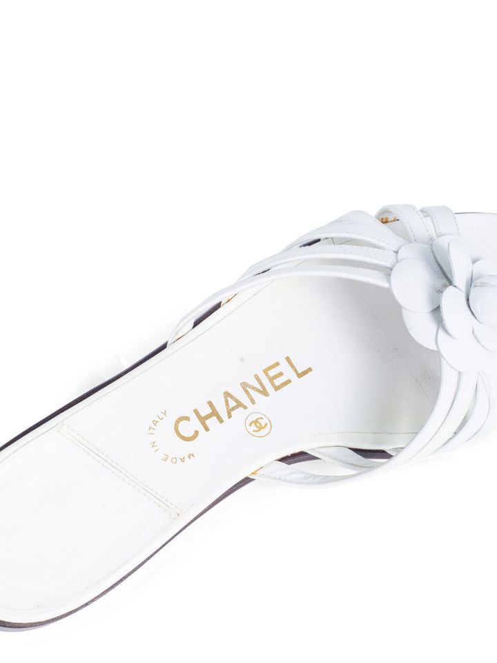 Top Quality Chanel Cameilla Leather Slip On Strap Sandals White