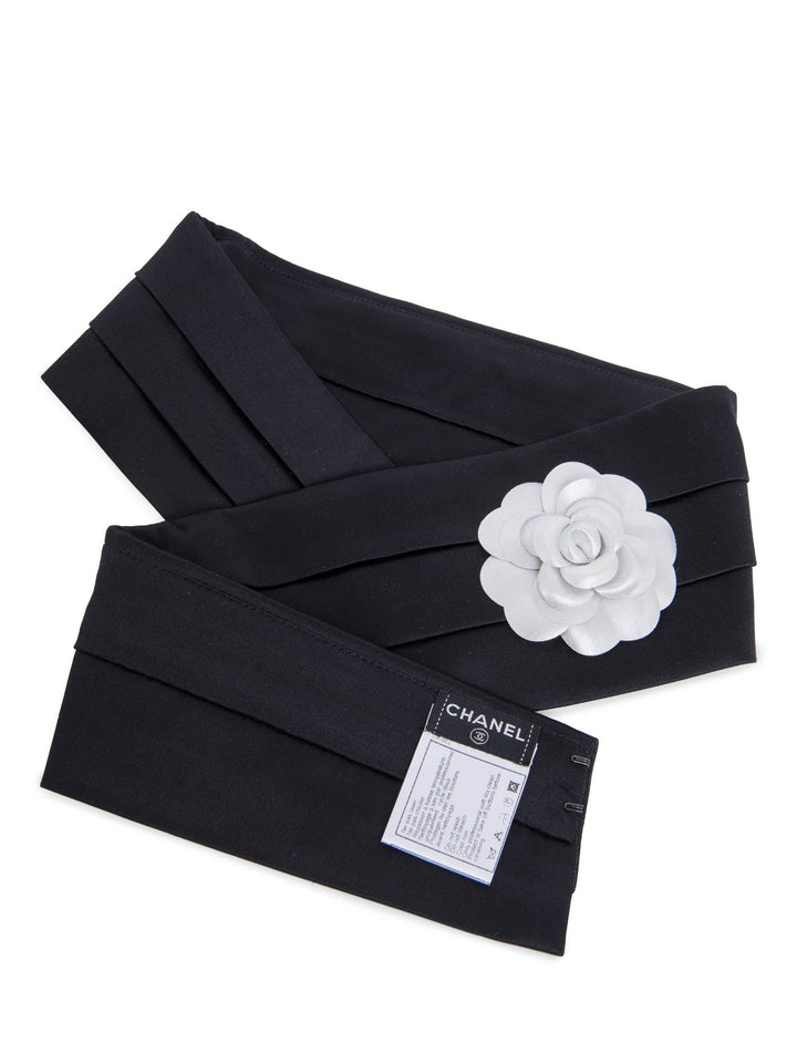 Top Quality Chanel Camelia Pleated Satin Silk Belt Black