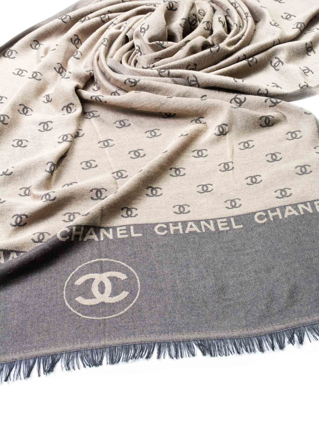 Top Quality Chanel Cashmere CC Logo Fringe Shawl Brown