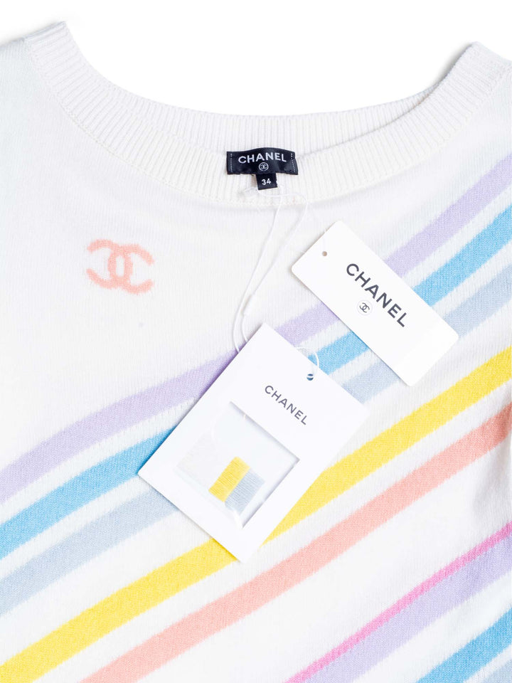 Top Quality Chanel Cashmere CC Logo La Pausa Stripe Sweater Rainbow White