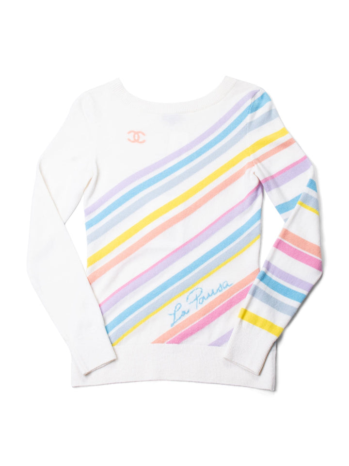 Top Quality Chanel Cashmere CC Logo La Pausa Stripe Sweater Rainbow White
