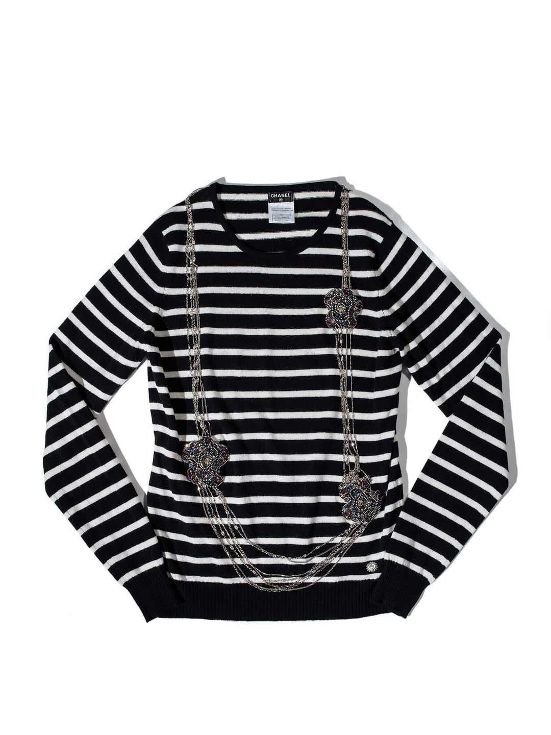Top Quality Chanel Cashmere Long Chain Necklace Striped Sweater Black White