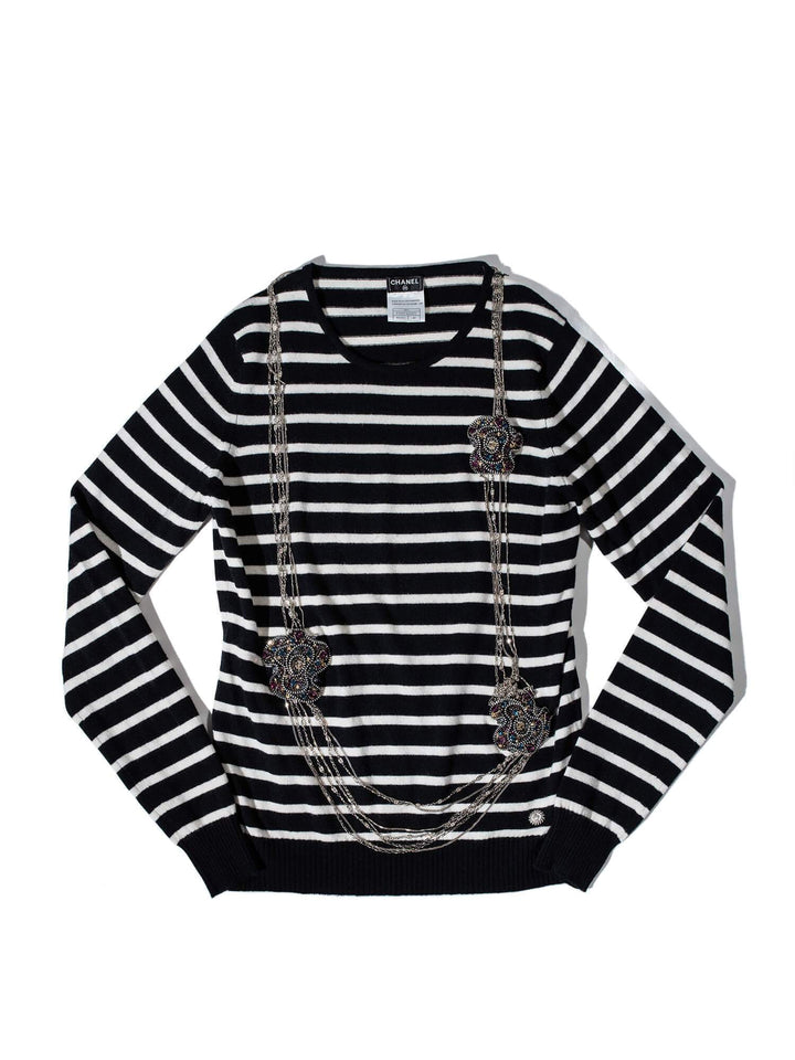 Top Quality Chanel Cashmere Long Chain Necklace Striped Sweater Black White