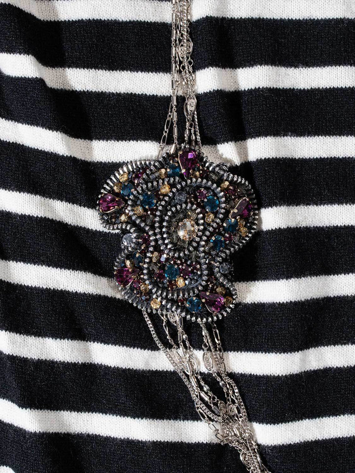 Top Quality Chanel Cashmere Long Chain Necklace Striped Sweater Black White
