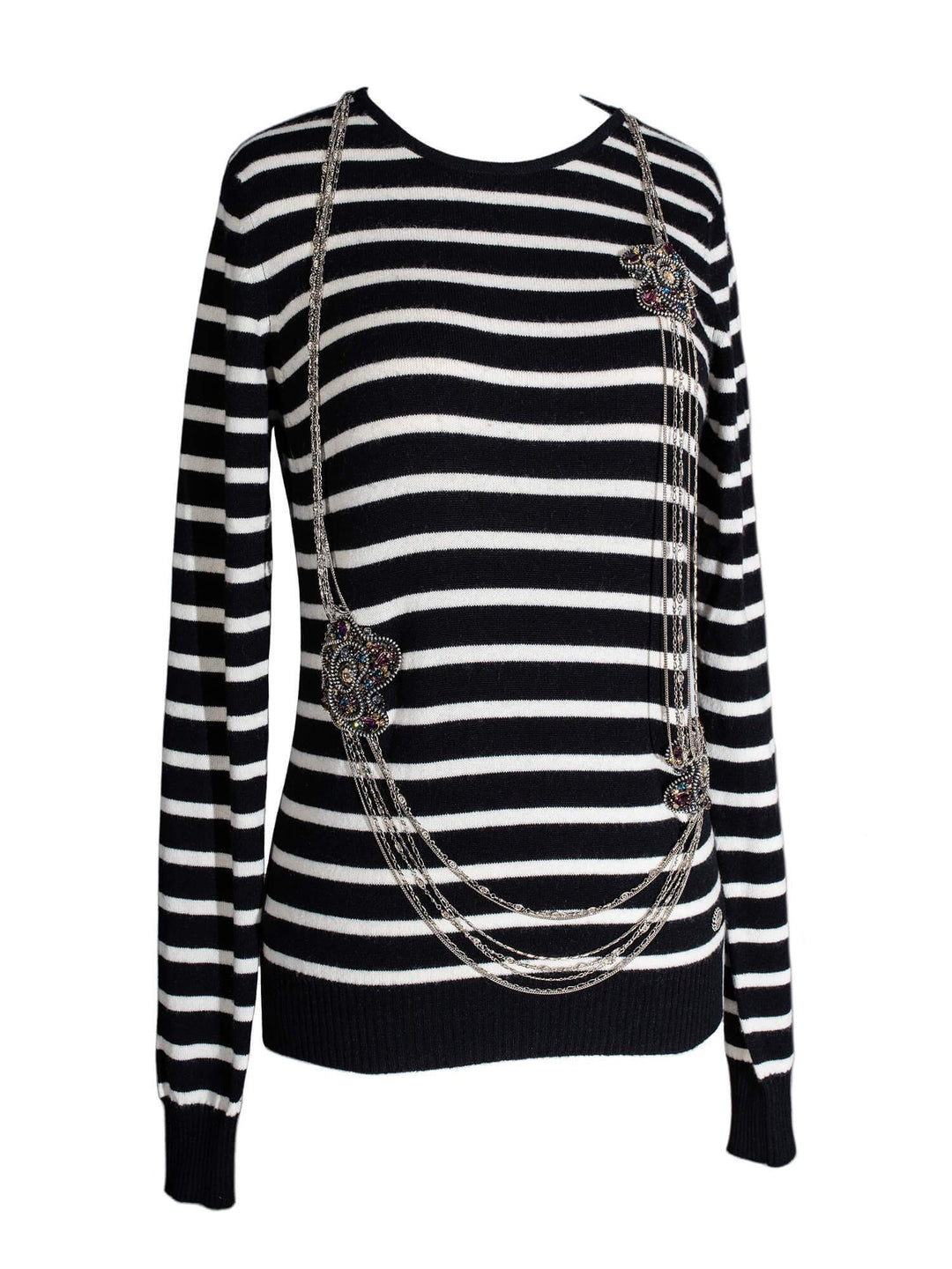 Top Quality Chanel Cashmere Long Chain Necklace Striped Sweater Black White