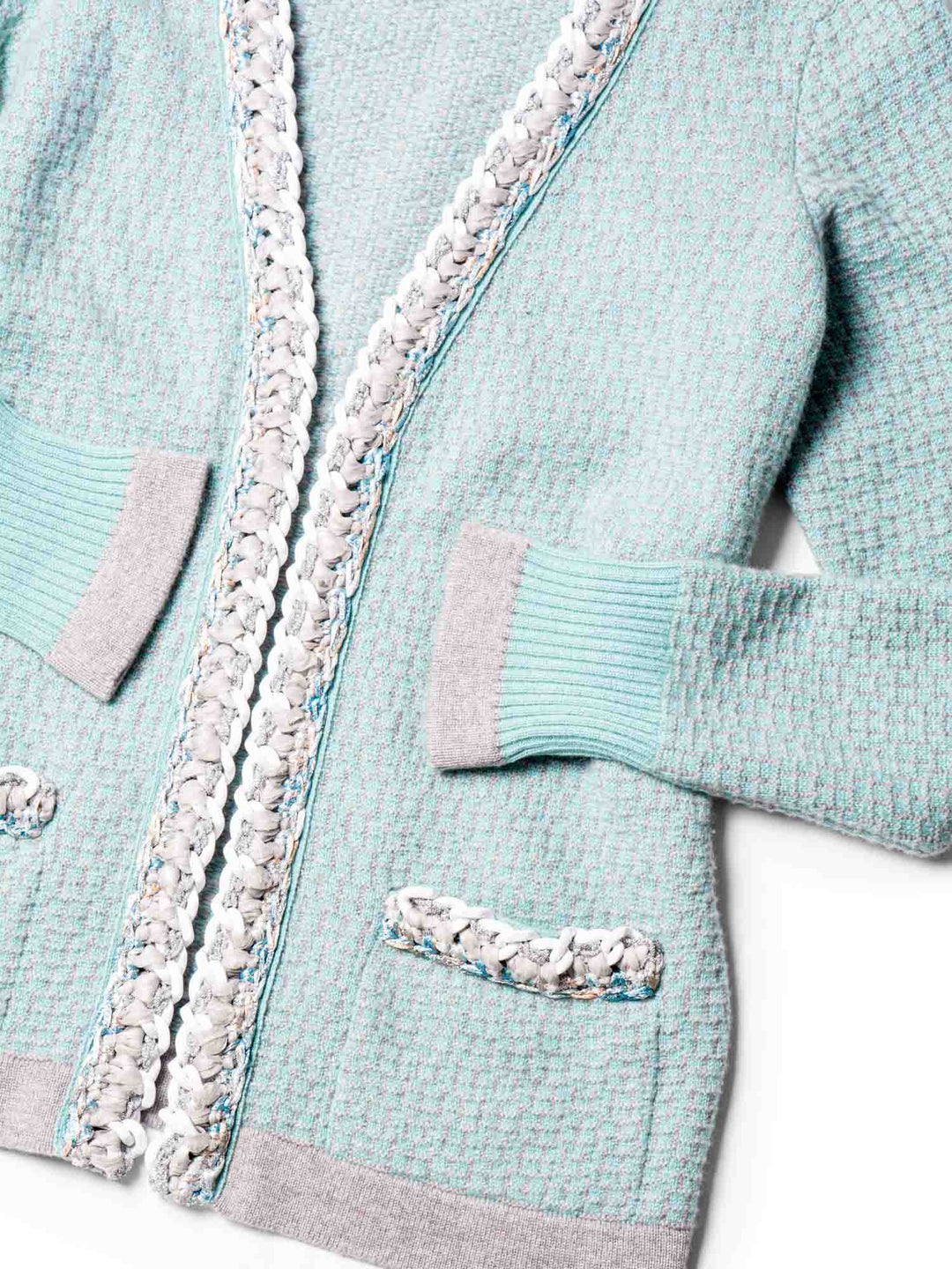 Top Quality Chanel Cashmere Lurex Tweed Chain Cardigan Aqua Grey