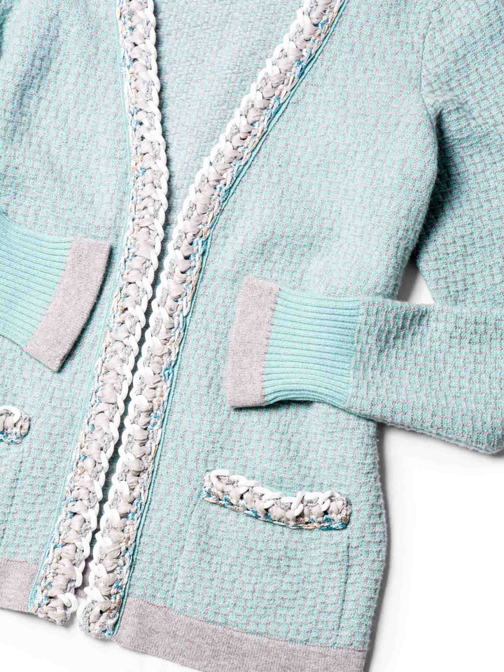 Top Quality Chanel Cashmere Lurex Tweed Chain Cardigan Aqua Grey