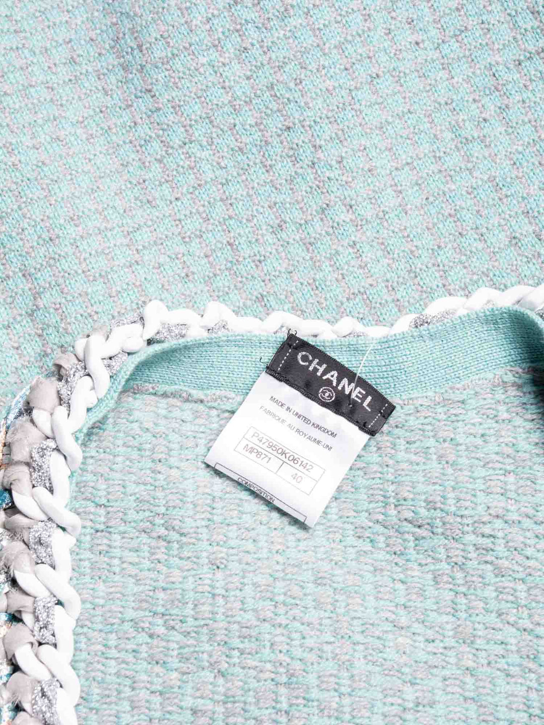 Top Quality Chanel Cashmere Lurex Tweed Chain Cardigan Aqua Grey