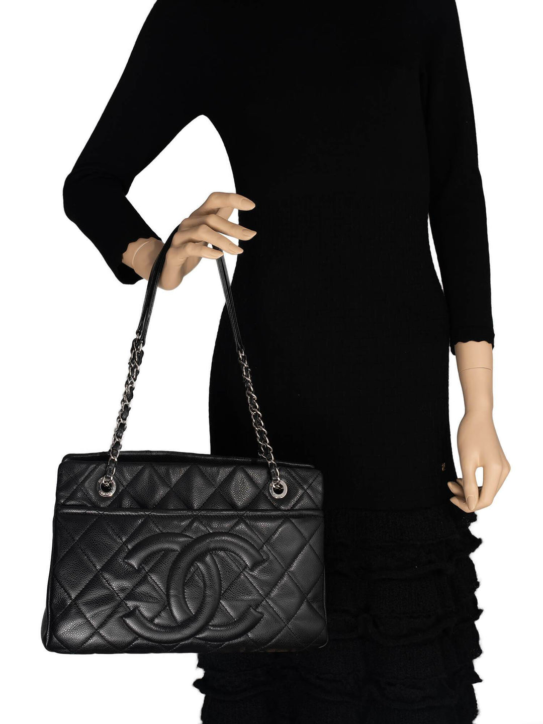 Top Quality Chanel Caviar Quilted Leather CC Logo Shopper Bag Black