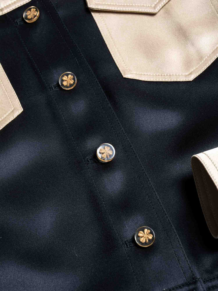 Top Quality Chanel Clover Satin Silk Cropped Jacket Black Gold