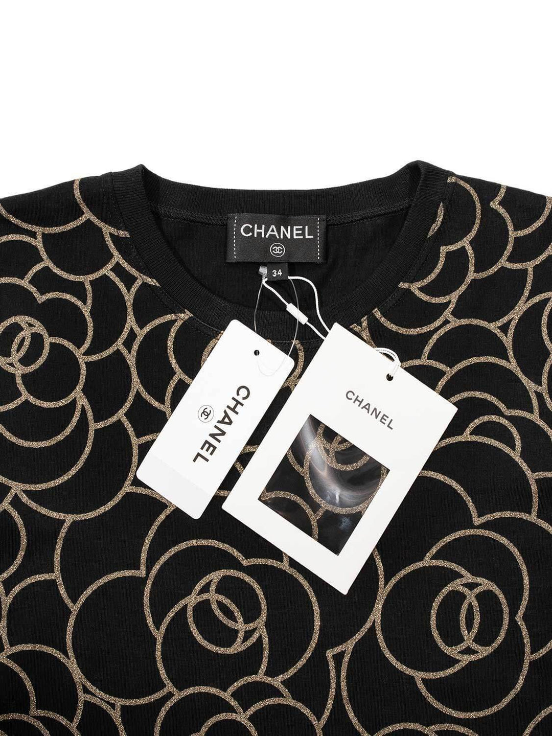Top Quality Chanel Cotton CC Logo Camellia Tee Shirt Gold Black
