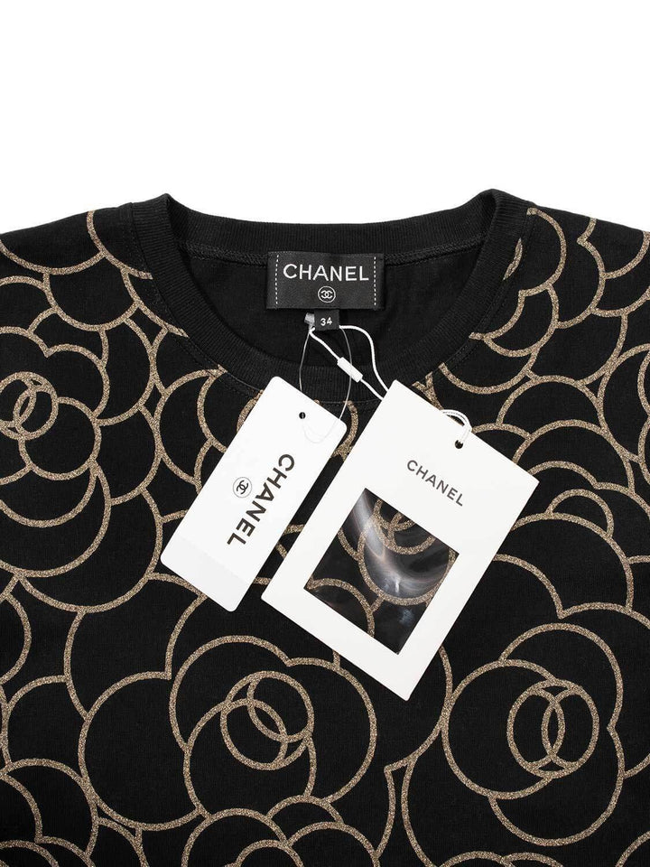Top Quality Chanel Cotton CC Logo Camellia Tee Shirt Gold Black