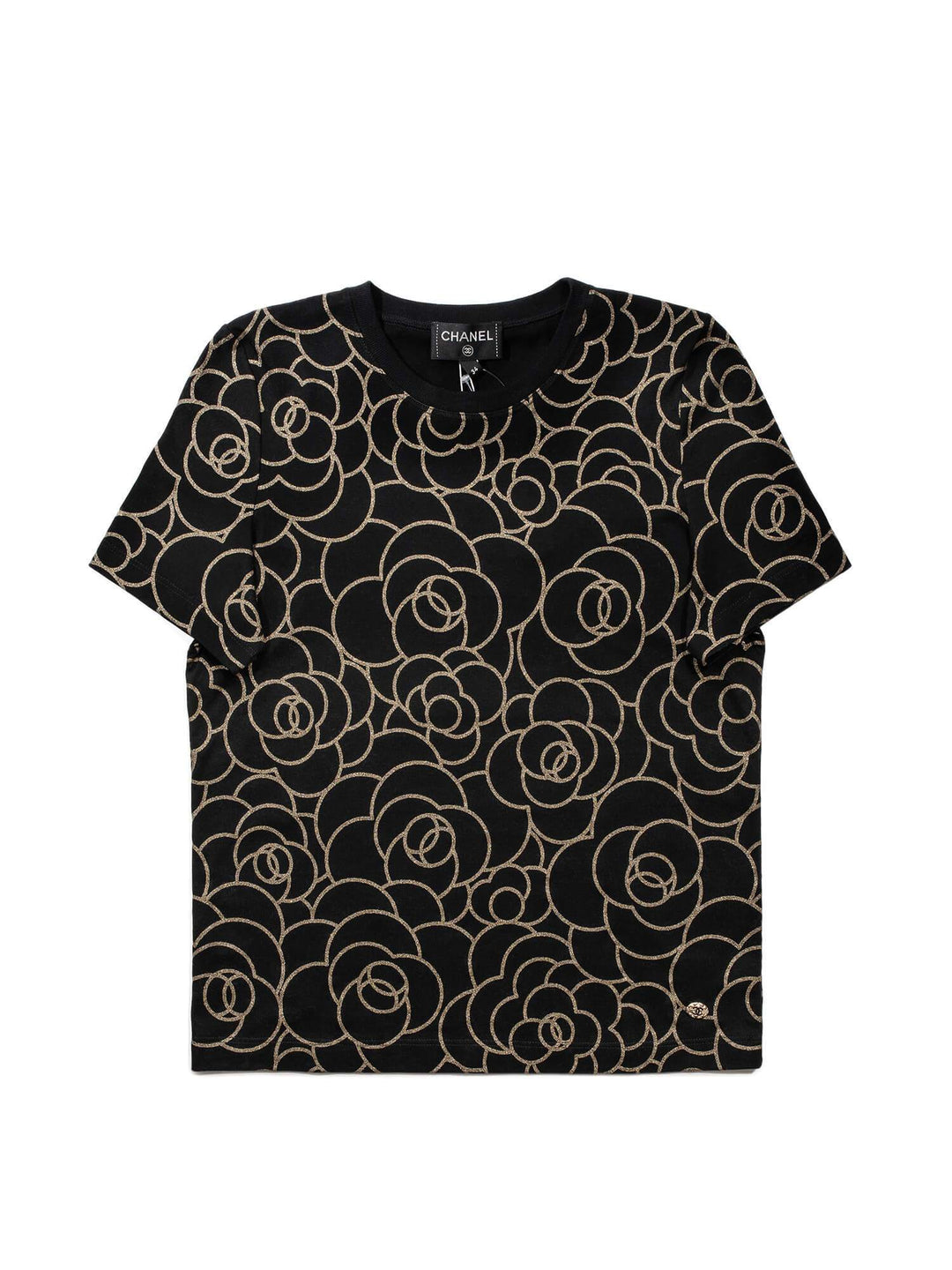 Top Quality Chanel Cotton CC Logo Camellia Tee Shirt Gold Black