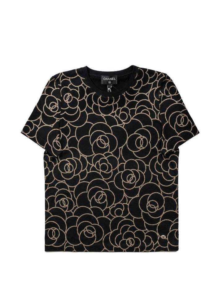 Top Quality Chanel Cotton CC Logo Camellia Tee Shirt Gold Black