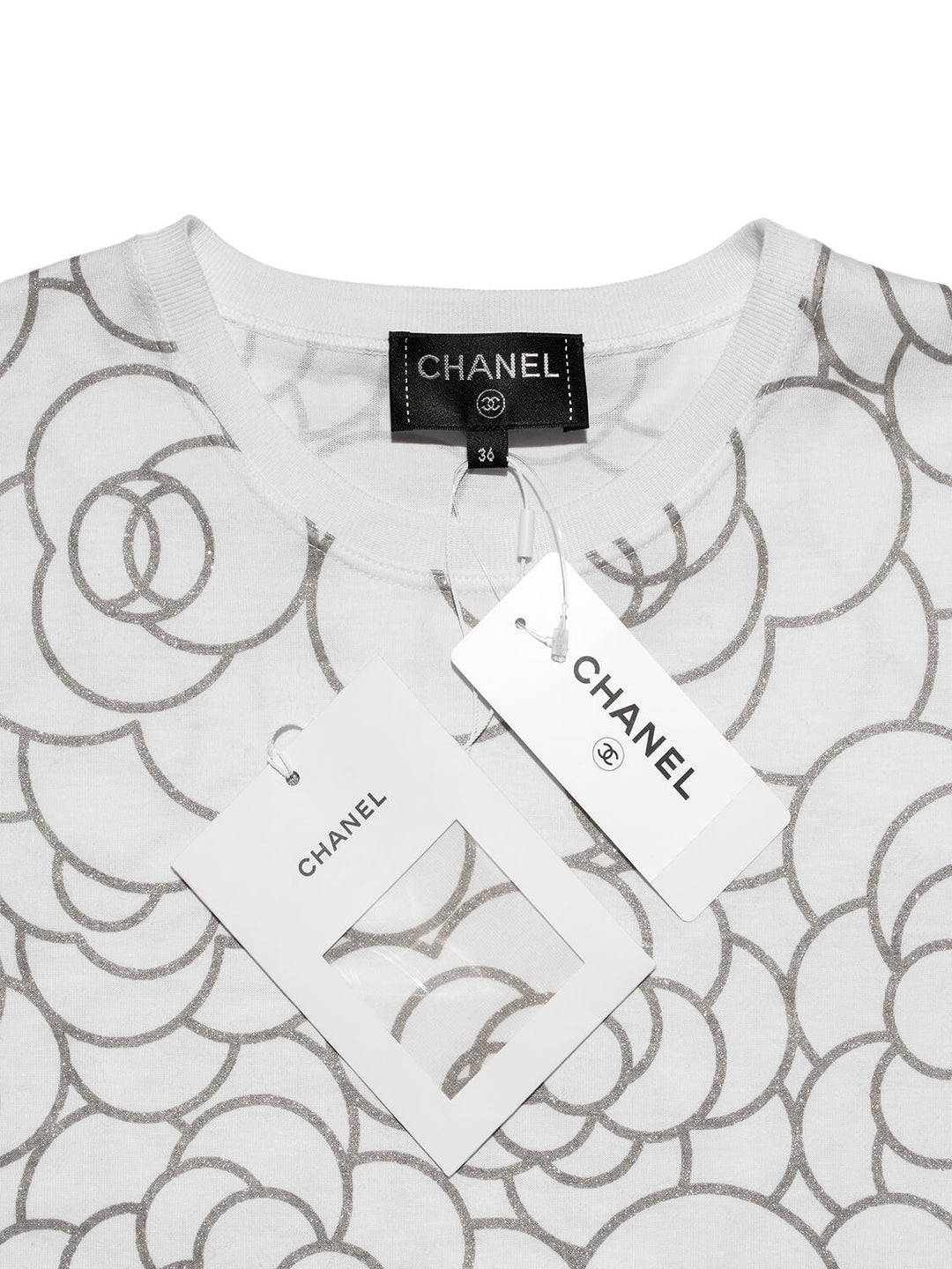 Top Quality Chanel Cotton CC Logo Camellia Tee Shirt Silver White