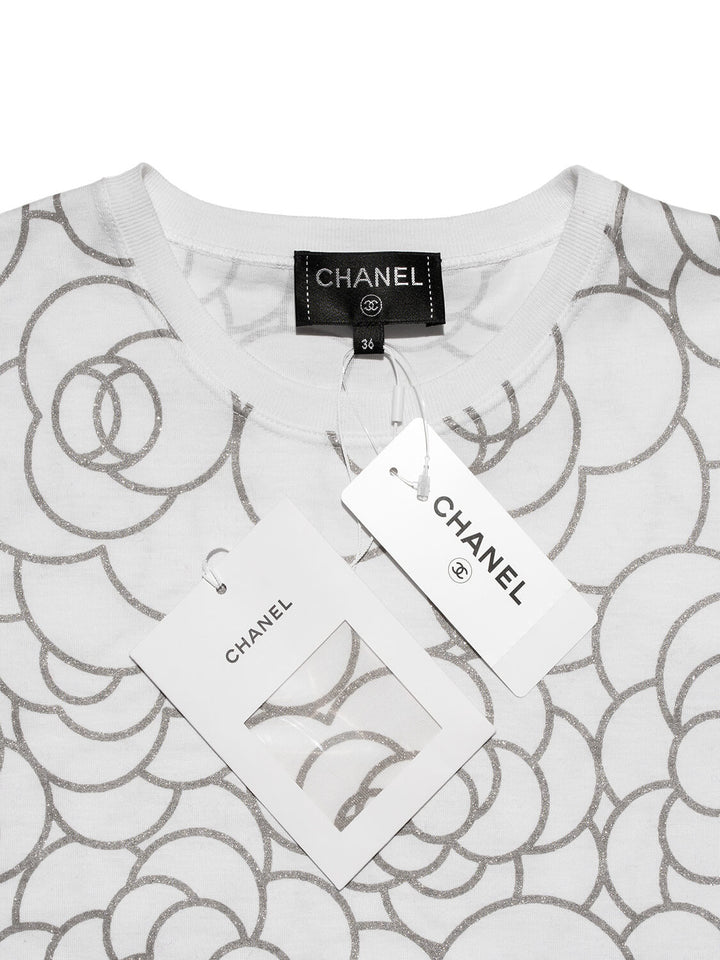 Top Quality Chanel Cotton CC Logo Camellia Tee Shirt Silver White
