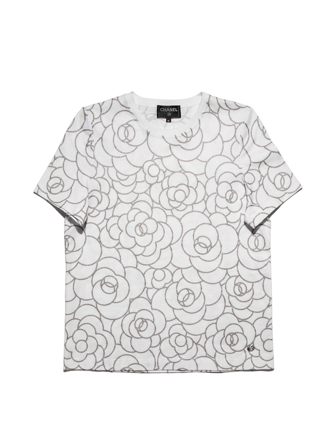 Top Quality Chanel Cotton CC Logo Camellia Tee Shirt Silver White