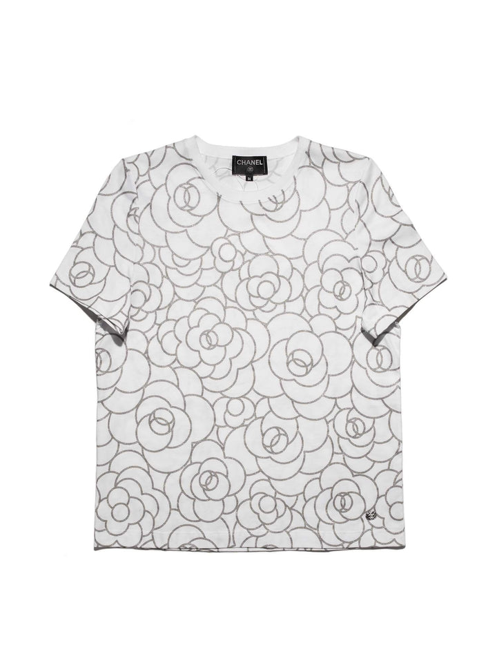 Top Quality Chanel Cotton CC Logo Camellia Tee Shirt Silver White