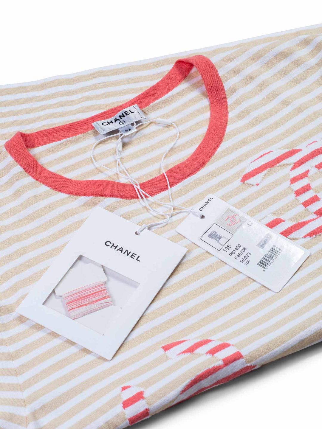 Top Quality Chanel Cotton CC Logo Stripe Top Tan Pink EU 42