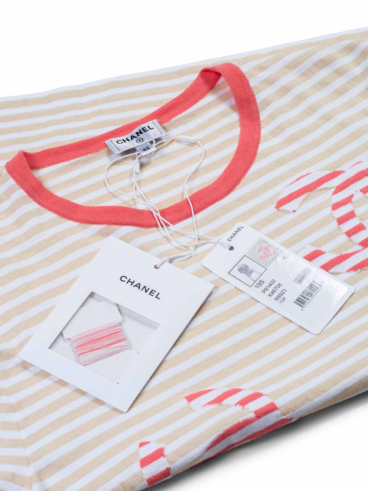 Top Quality Chanel Cotton CC Logo Stripe Top Tan Pink EU 42