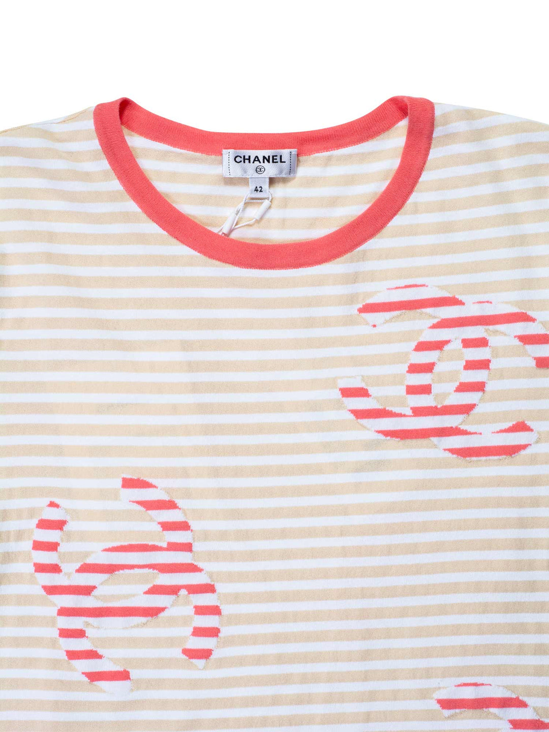 Top Quality Chanel Cotton CC Logo Stripe Top Tan Pink EU 42