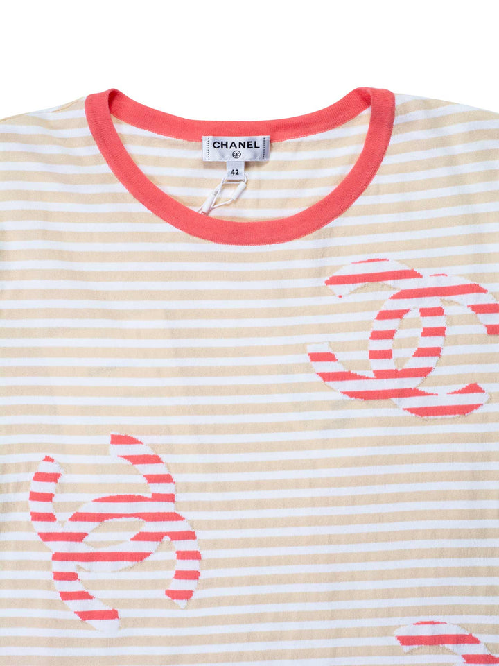 Top Quality Chanel Cotton CC Logo Stripe Top Tan Pink EU 42