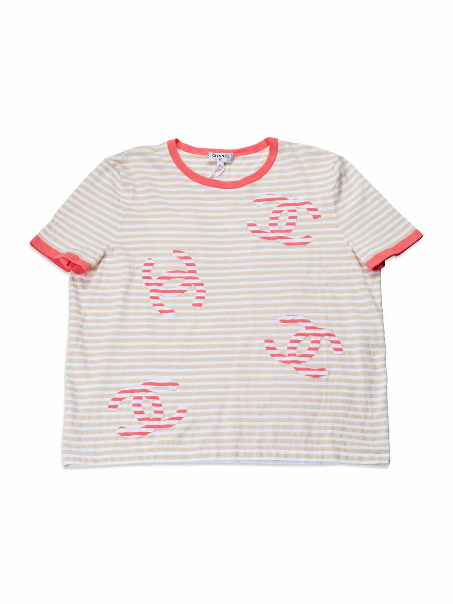 CHANEL Cotton CC Logo Stripe Top Tan Pink EU 42-designer resale