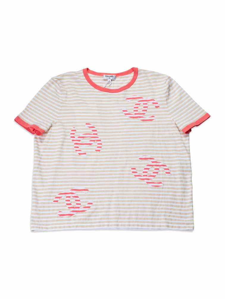 Top Quality Chanel Cotton CC Logo Stripe Top Tan Pink EU 46