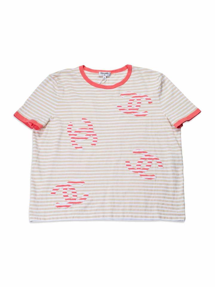 Top Quality Chanel Cotton CC Logo Stripe Top Tan Pink EU 46