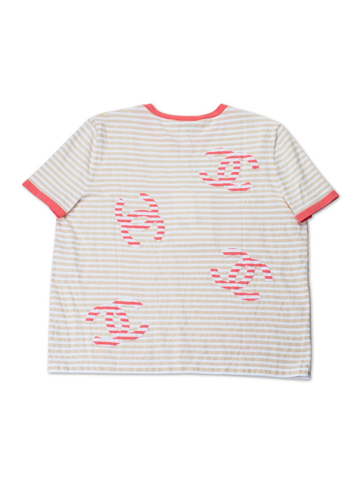 Top Quality Chanel Cotton CC Logo Stripe Top Tan Pink EU 46
