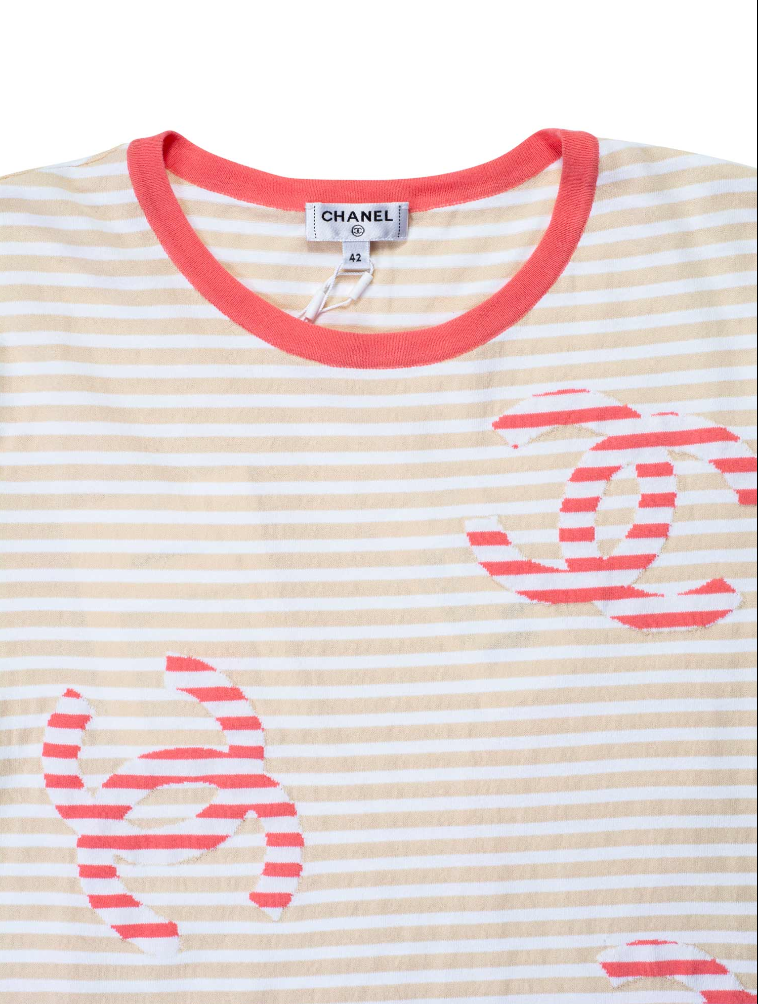 Top Quality Chanel Cotton CC Logo Stripe Top Tan Pink EU 46