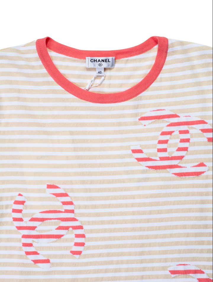 Top Quality Chanel Cotton CC Logo Stripe Top Tan Pink EU 46
