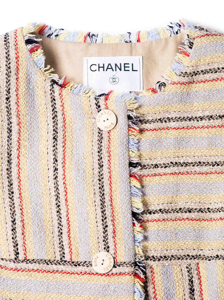 Top Quality Chanel Cotton Tweed Fringe Striped Jacket Multicolor