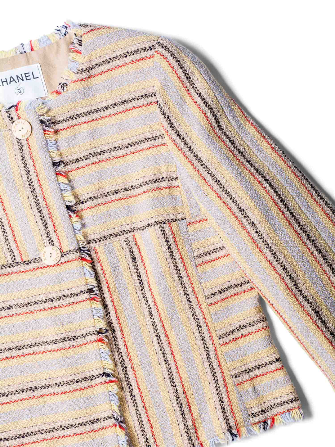 Top Quality Chanel Cotton Tweed Fringe Striped Jacket Multicolor