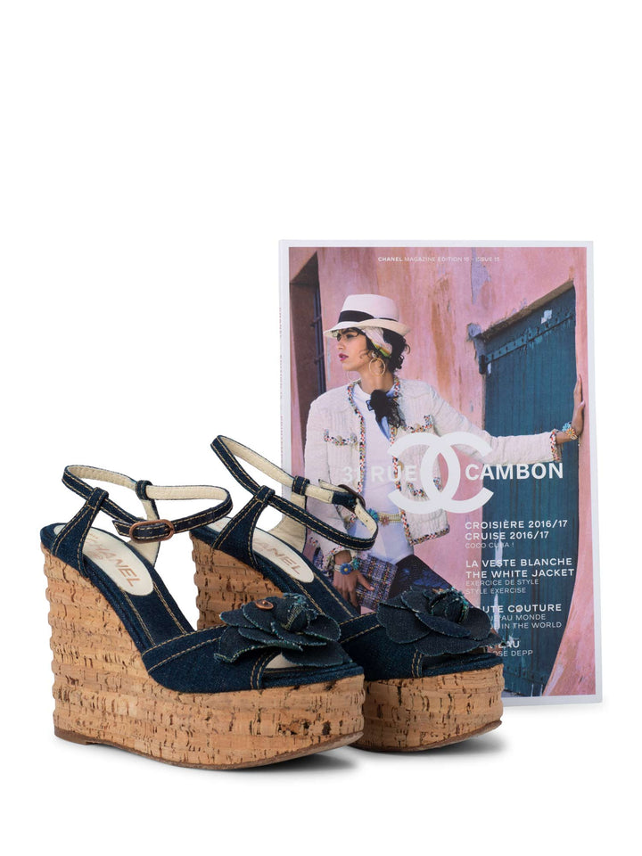 Top Quality Chanel Denim Camellia Platform Cork Sandal Blue