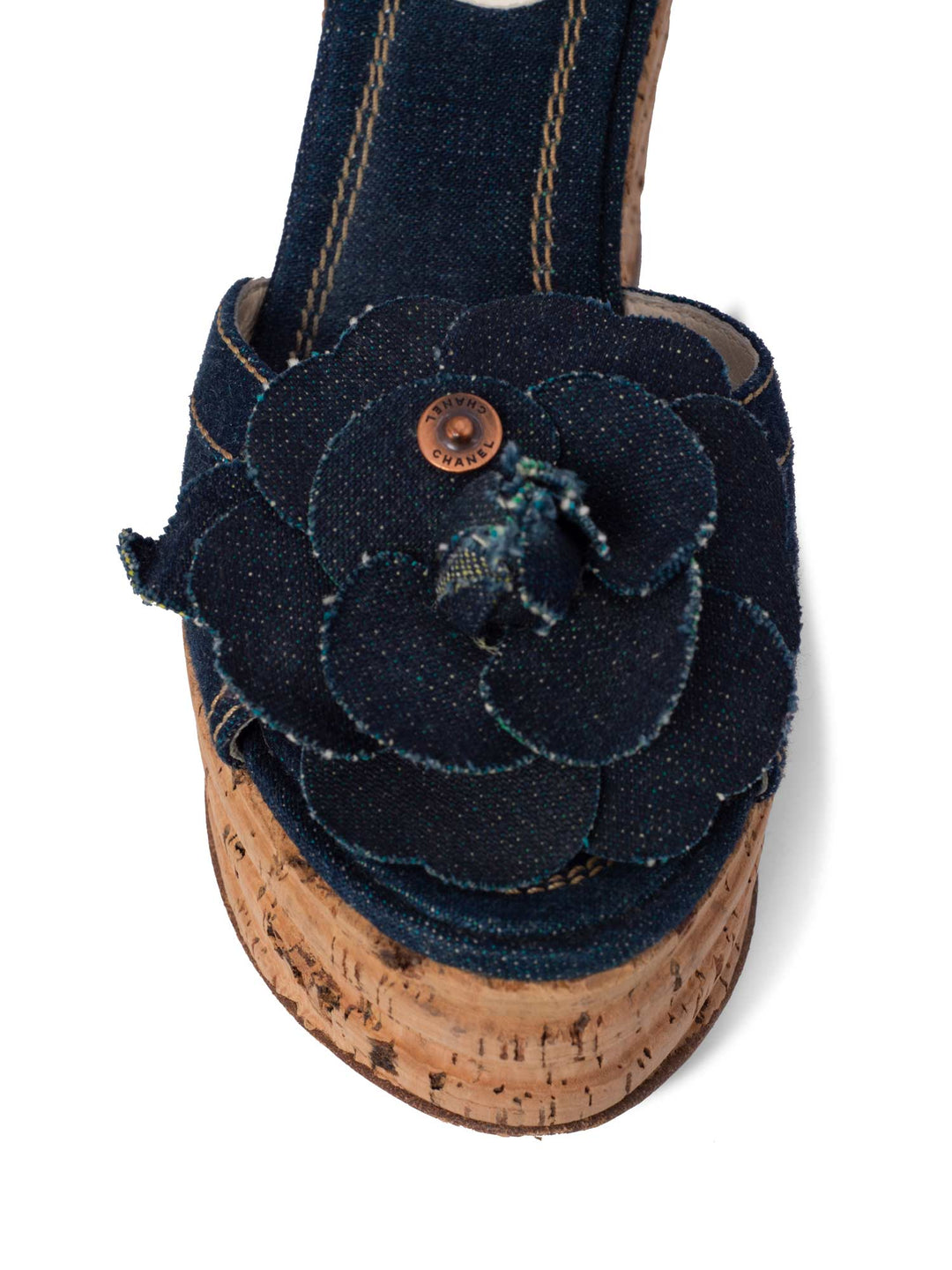 Top Quality Chanel Denim Camellia Platform Cork Sandal Blue