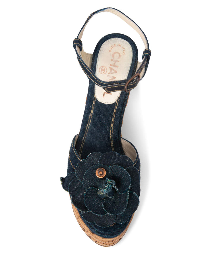 Top Quality Chanel Denim Camellia Platform Cork Sandal Blue