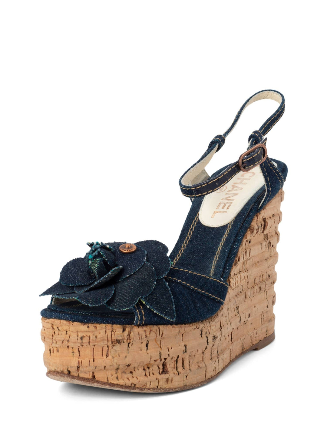 Top Quality Chanel Denim Camellia Platform Cork Sandal Blue