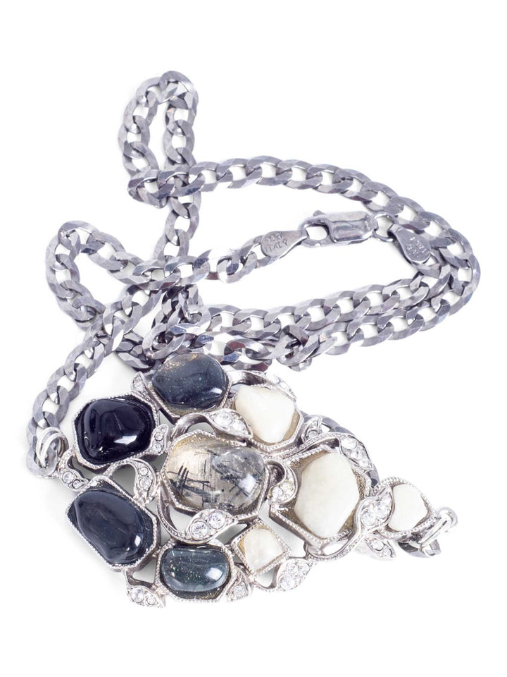 Top Quality Chanel Gripoix Cabochon Silver Pearl Necklace White Black