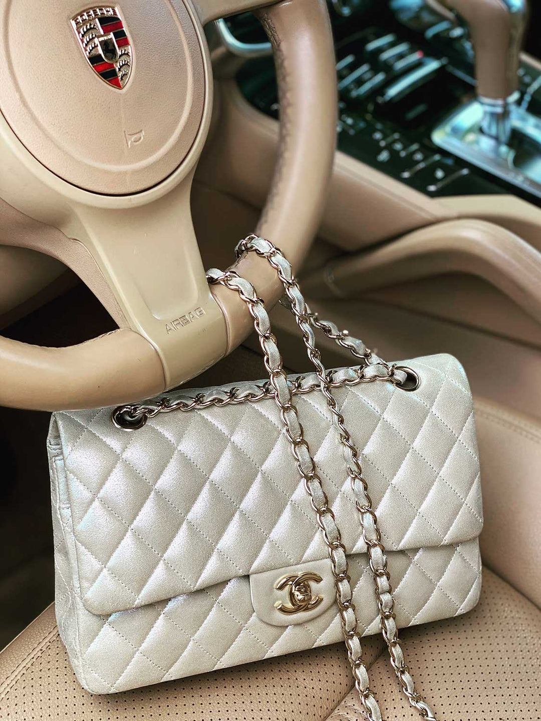 Top Quality Chanel Iridescent Satin Lambskin Quilted Medium Double Flap Bag Gold