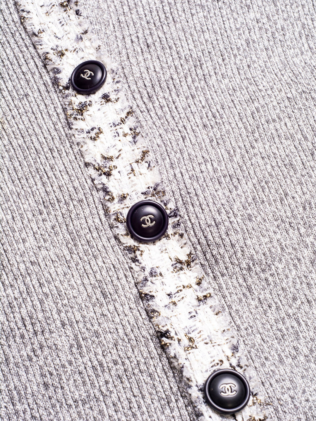 Top Quality Chanel Knit CC Logo Fringe Sparkly Cardigan Grey
