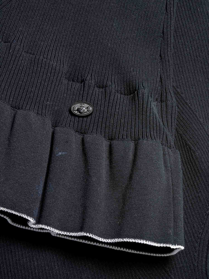 Top Quality Chanel Knitted CC Logo Ruffled Mini Dress Navy Blue