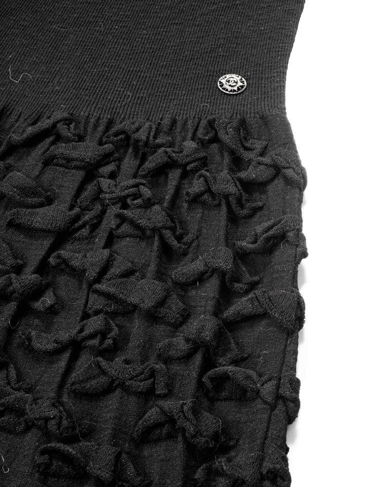 Top Quality Chanel Knitted Camellia Ruffled Midi Dress Black