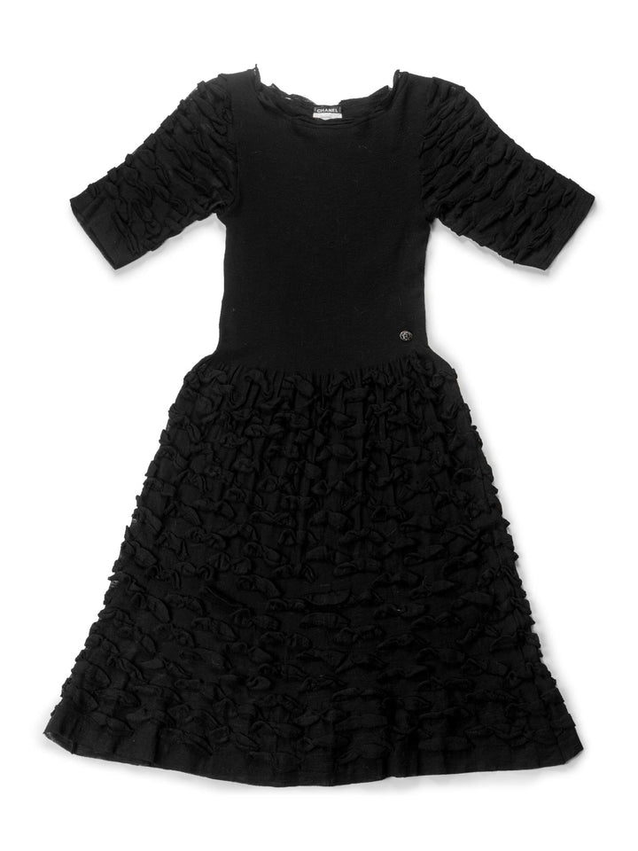 Top Quality Chanel Knitted Camellia Ruffled Midi Dress Black