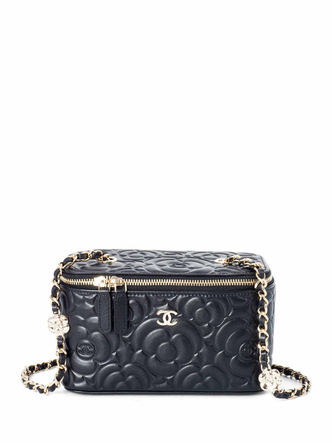 Top Quality Chanel Lambskin Camellia Quilted Leather Mini Vanity Messenger Bag Black