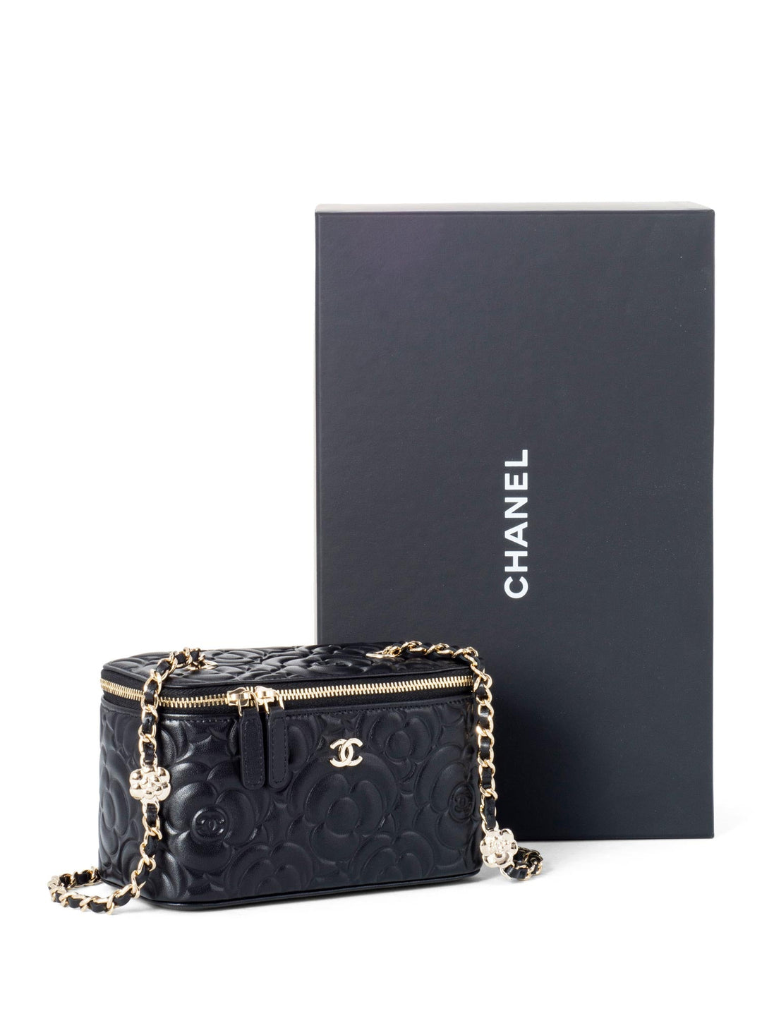 Top Quality Chanel Lambskin Camellia Quilted Leather Mini Vanity Messenger Bag Black