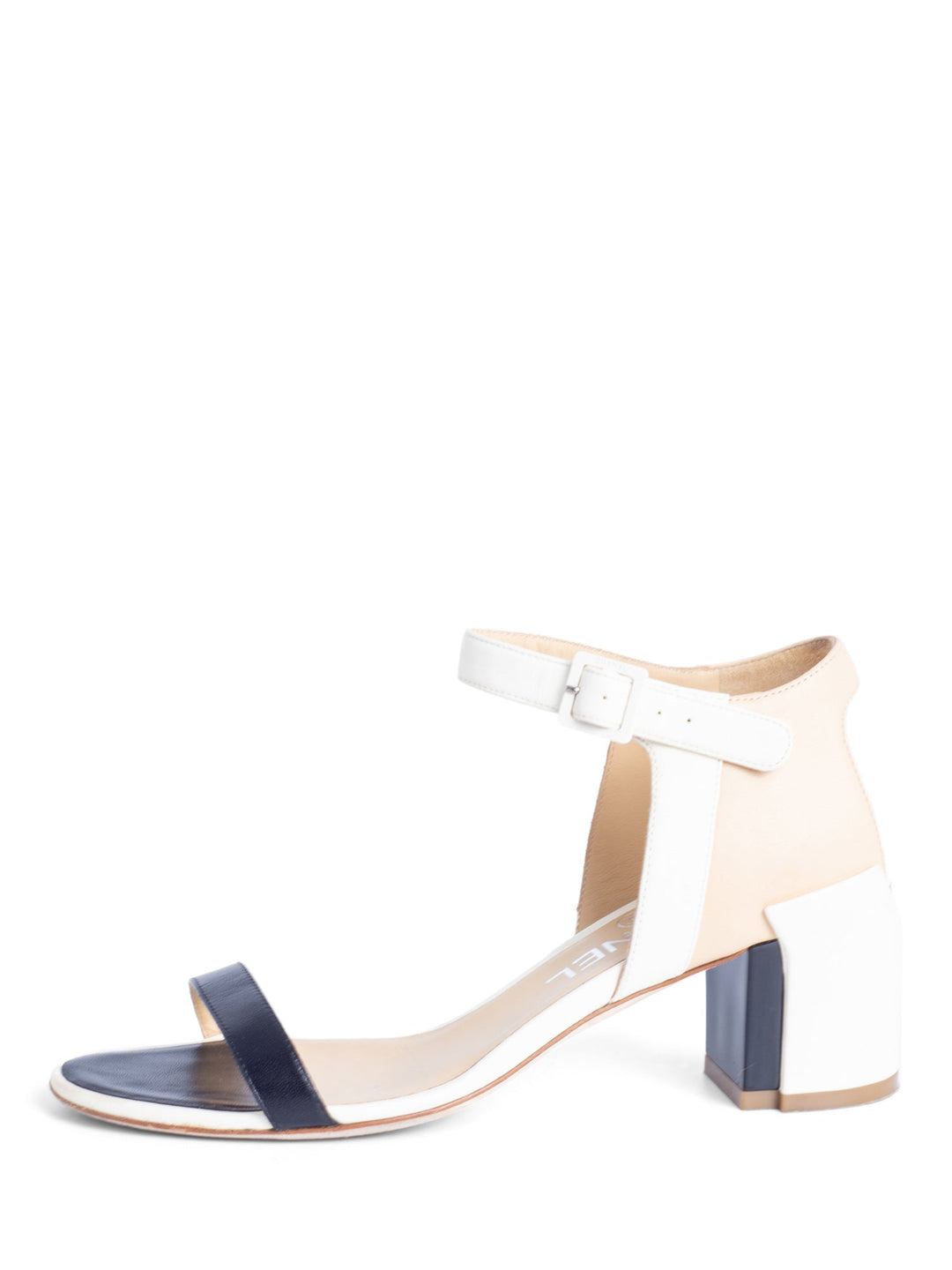 Top Quality Chanel Leather CC Logo Block Heel Ankle Strap Sandals Ivory Tan Black