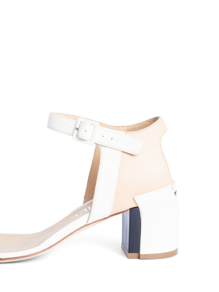 Top Quality Chanel Leather CC Logo Block Heel Ankle Strap Sandals Ivory Tan Black